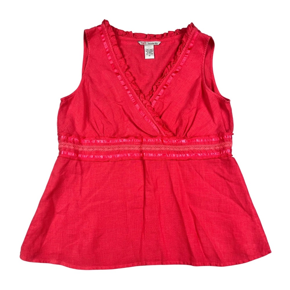 Two Star Dog Red 100% Linen Ruffle V-Neck Empire Waist Sleeveless Top Medium VTG